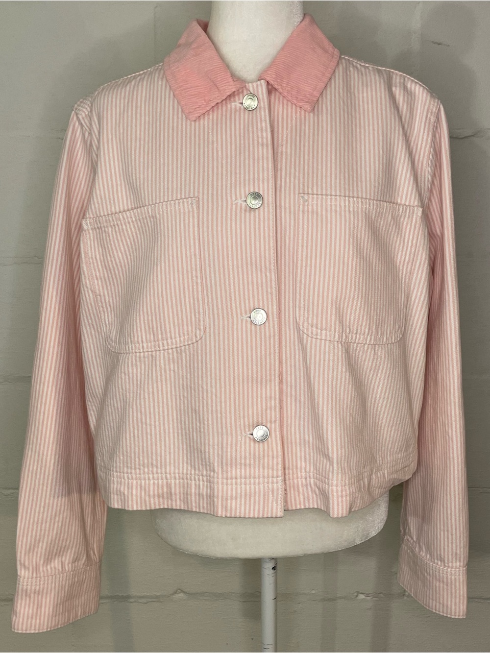 Striped Pale Pink Cropped Jean Jacket